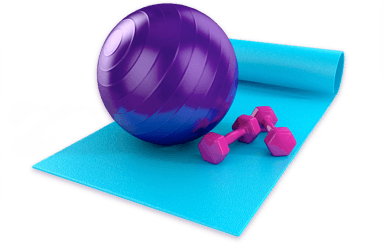 Instrumentos de pilates - Bola roxa, Peso púrpura e Tapete azul