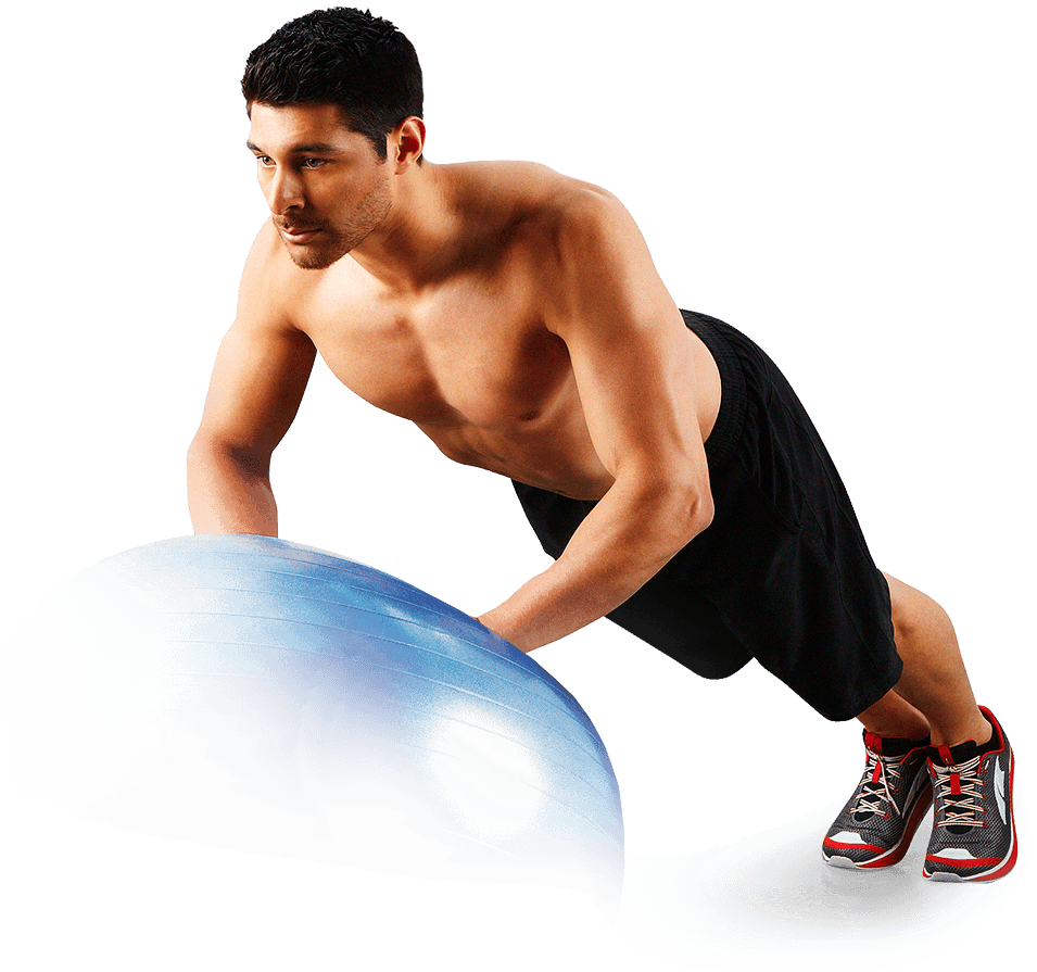 Homem fazendo flexão em bola Azul